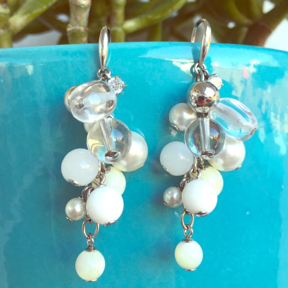 Fossil Rhinestone White & Clear Beaded Dangle Earrings